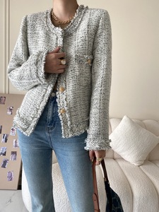 2023 New Fashion <strong>Grey</strong> Melange Tweed <strong>Blazer</strong> Top for <strong>Women</strong> Elegan Young Ladies' Breathable Jackets - Product Image 4