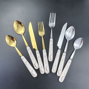 Ensemble de couverts en céramique marbrée de haute qualité avec manche doré, couteau, fourchette et cuillère en acier inoxydable, 24 pièces, coffret cadeau - Product Image 4