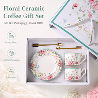 Ensemble de tasses à café en céramique florale avec soucoupes et cuillères dorées, service à thé de l'après-midi en porcelaine, coffret cadeau pour mariage et anniversaire, OEM ODM, vente en gros