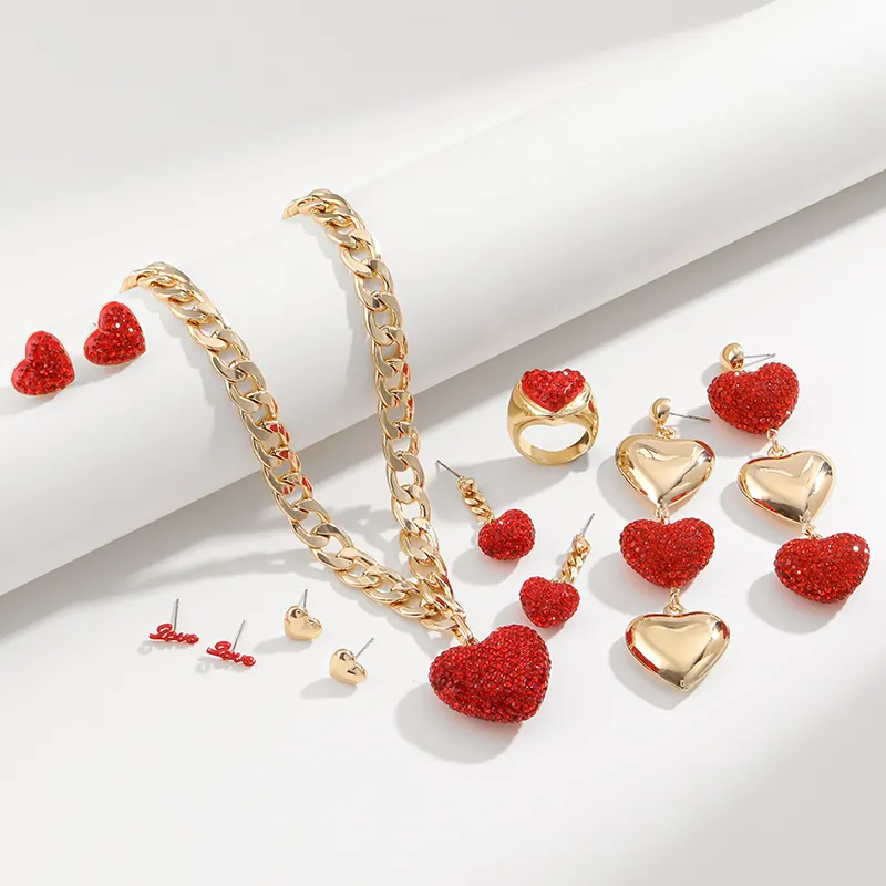 Factory Wholesale Valentines Day Jewelry Gold Plated Romantic Red Crystal Heart Pendant Necklace Earring Ring Set