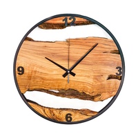 Jam Dinding Bundar Analog Unik Bergaya Art Deco dari Kayu Zaitun dan Logam, Beroperasi dengan Baterai Kuarsa, Tanpa Suara, Jarum Tunggal, untuk Ruang Tamu