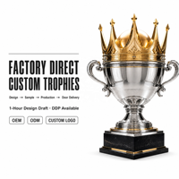 Trophée personnalisé en or, argent et noir, coupe couronne, récompense métallique sur mesure, base carrée à double poignée, trophées directement de l'usine OEM ODM