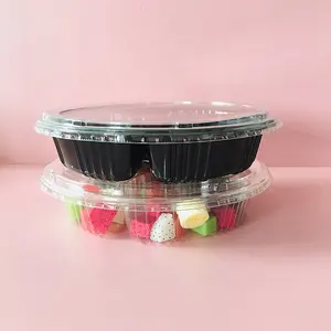 Custom Plastic PET Round Plastic Heavy Duty Trays For Snacks Clamshell 4 Compartments Fruit Blister Packaging Fruit Box with Lid