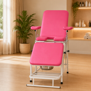 Lettino per Esami Ostetrici Rosa con Cuscino in Vinile Medicale e Vasca Raccogli Rifiuti in Acciaio Inossidabile per Centri e Stazioni di Salute Femminile - Product Image 1