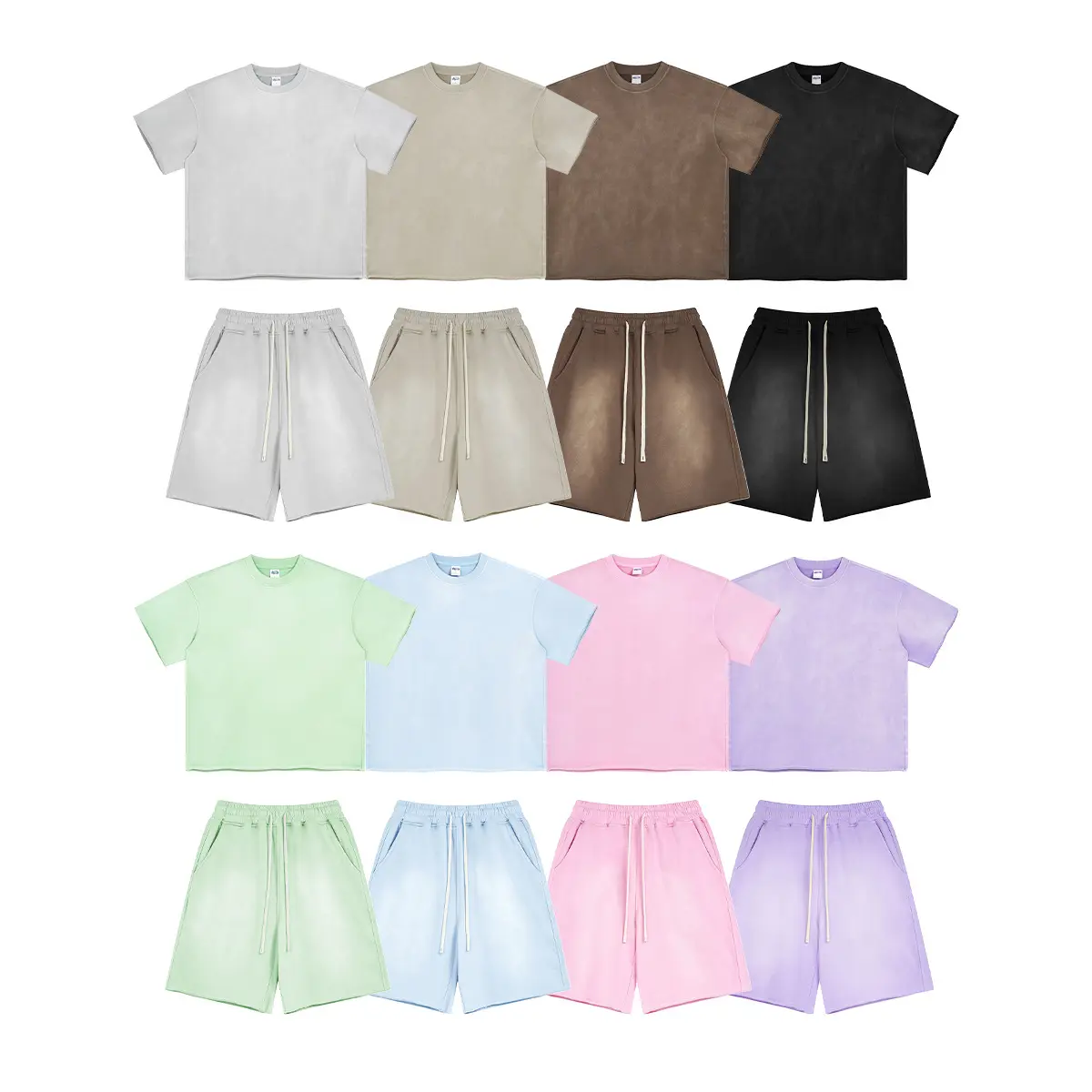 Wholesale Heavyweight Cotton 360g Shorts Sets Sweat 2 Piece Mens t Shirts Short Set Washed Oversize Cotton Unisex Tshirt Set