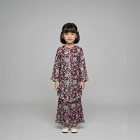 Ensemble Baju Kurung pour enfants en porcelaine bleue et blanche à motifs floraux, avec dentelle ondulée, bordure en strass, manches évasées, jupe longue modeste pour petite fille musulmane
