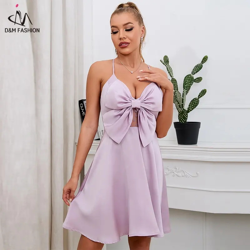 D & M-Vestido corto de satén con tirantes finos para mujer, minivestido Sexy con espalda descubierta y lazo de malla de contraste en la parte frontal, cruzado en la espalda, color morado, 2022