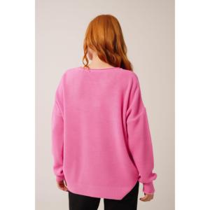 Suéter de Punto Casual Rosa para Mujer, Decoración a Rayas, Cierre de Botón, Logotipo Frontal, Invierno, Venta al por Mayor, Tejido Acanalado, Abertura Lateral Corta - Product Image 1