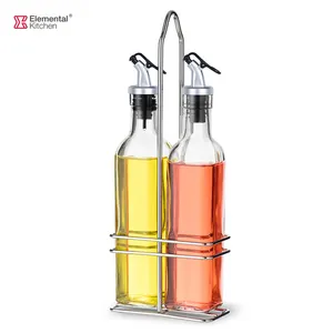 Flip And Seal Oil And Vinegar Storage Jar Dispenser Set With Lid And Rack