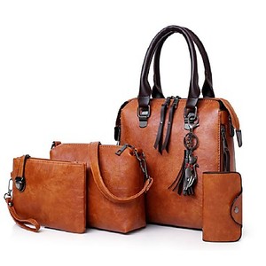 Women's Zipper Faux Leather Top Handle Bag Solid Color 4 Pieces <b>Purse</b> Set Black / Blushing / <b>Red</b> - Product Image 1
