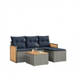 Set Divano da Esterno Moderno in Polyrattan Grigio con Cuscini, 5 Posti, Design Contemporaneo con Dettagli in Legno Massello - Product Image 1