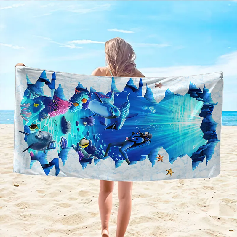 Toalla de playa impresa estilo océano de verano Patrón personalizado Impreso Toallas de playa de baño de microfibra de secado rápido