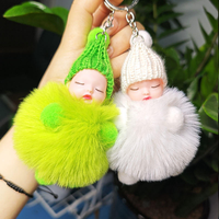 Baby Doll Cute Plush Fluffy Sleeping Baby Girls Women Doll Pom Pom Keychains Accessories for Purse Wallet and Car Key Holder