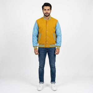Nueva Chaqueta Universitaria de Béisbol, Estilo Letterman, Amarilla, con Mangas de Cuero Azul Cielo Genuino - Product Image 1