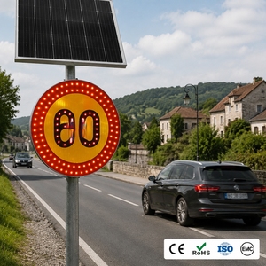 ป้ายจำกัดความเร็วแบบวงกลม LED พลังงานแสงอาทิตย์ 60 กม./ชม. แผ่นอะลูมิเนียมสะท้อนแสง ความสว่างสูง ป้ายเตือนการจราจรแบบกระพริบ โรงงานผลิต - Product Image 1