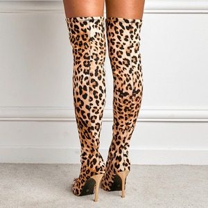 Women New Leopard 11cm Knee High Boots Pointed Elastic Fabric <b>Pole</b> <b>Dancing</b> Sexy Model Socks Boots - Product Image 5