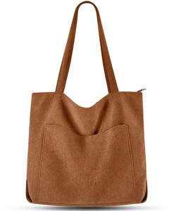Reusable Solid Color Corduroy Tote <b>Bag</b> <b>Long</b> Handle Portable Personalized Zipper Closure Handbag Advertising Shopping <b>Bag</b> - Product Image 3