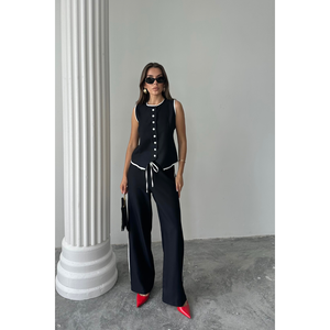 Conjunto de chaleco y pantalón de lino con bordes ribeteados en negro, traje de mujer, talla S - Product Image 2