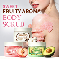 Gommage corporel aux fruits à marque privée Pêche Avocat Noix de coco Exfoliant doux Hydratant Adoucit les peaux rugueuses Élimine les peaux mortes OEM