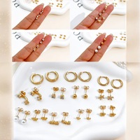 Set Anting Wanita Bahan Stainless Steel Lapis Perak/Emas, Hipoalergenik, Zirkon, Bentuk Hati, Pita, Bunga, Bintang, Stud, Anting Mini Hoop