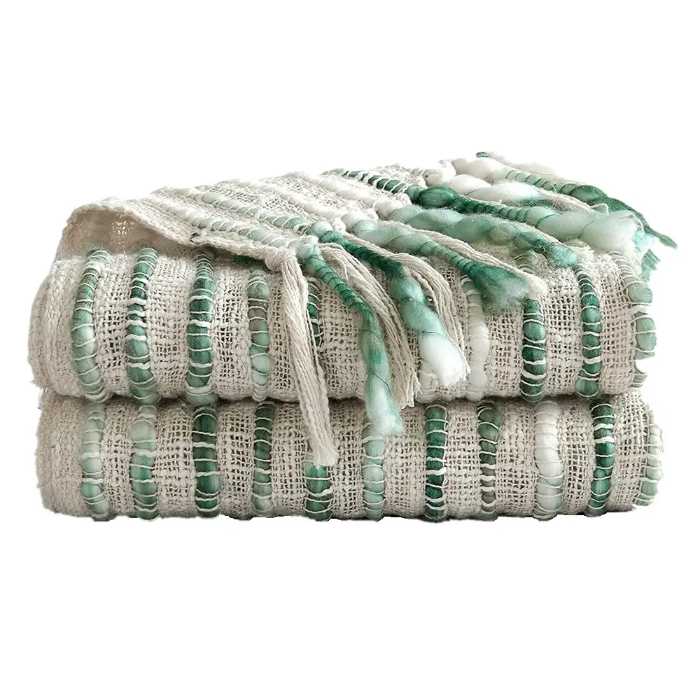 Throw Blanket Farmhouse Textured Knit Striped White and Green Hand Woven Thick Boho Decorative Blankets and Throws with Tassel