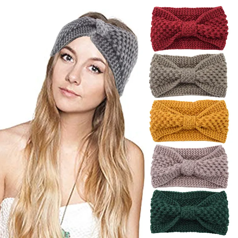 Señora Boho bikini diademas nudo ancho banda de Pelo elástico turbante de moda de invierno de punto de ganchillo ancho arco turbante cintas