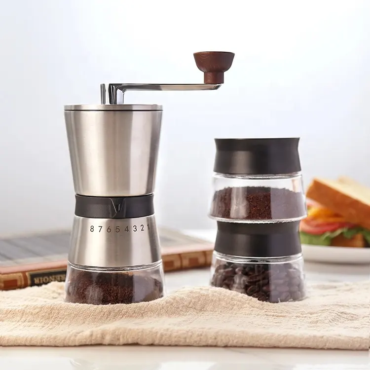 Moulin à café expresso rond manuel, ajustable, nouveau modèle, pour grains durs, espresso, pour filtre, avec 2 récipients