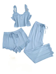 Conjunto de Pijama de Verano para Mujer, Delgado, Transpirable, de Tres Piezas, con Camisola de Encaje y Pantalones Cortos Largos, Estilo Europeo-Americano, Comercio Exterior Transfronterizo - Product Image 6