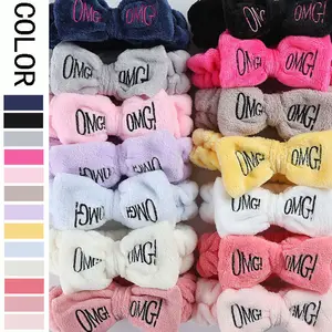 BELLEWORLD Wholesales Girls Cute Face Washing Plush Hair Bands OMG Letters Bow Coral Fleece Headband