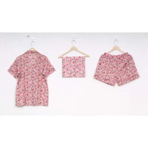 Ensemble 2 pièces décontracté pour femme automne 2024, 100% coton tissé, motif floral, respirant, taille élastique, col rabattu, taille mi-haute, manches courtes - Product Image 2