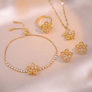Stainless Steel Jewelry Set Non Fade Rotating Flower Pendant Necklace Earring Ring for Women Clavicle <b>Chain</b> Choker Charm Jewelry - Product Image 1