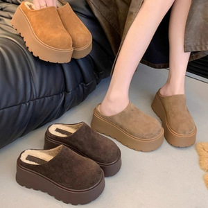 For Mango 2024 Autumn Winter Women's Half-<b>Slippers</b> Genuine <b>Leather</b> Big Head Plus Velvet Small Platform Thick Bottom Home - Product Image 1