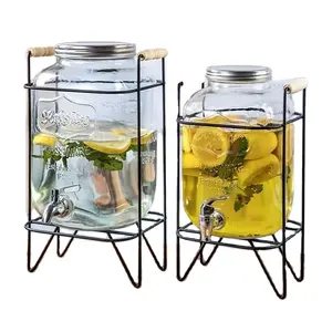 Big Volume Glass Water Container Beverage Barrel Glass Drink Juice Dispenser With Tap And Metal Stainless Stand