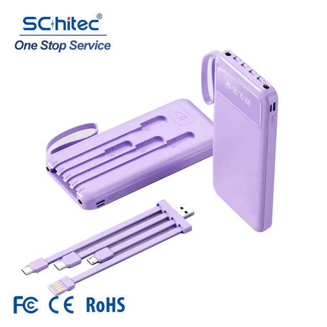 SChitec CE FCC Rohs Safe Charging Detachable Build-in 4 in 1 Cable 10W 10000mah Power Bank for Travel mobile device power charge