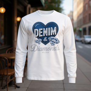 Denim And Diamonds <b>Ladies</b> <b>Long</b> Sleeve <b>T</b>-<b>Shirt</b> Blue Heart Diamond Design - Product Image 3