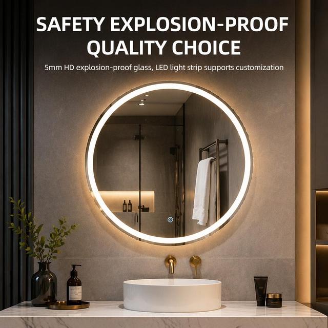 Round LED Anti-fog Smart Vanity Mirror Wall Mounted Hotel Bathroom Makeup Mirror with Touch Switch