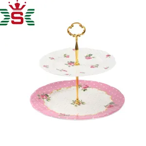 2層セラミックケーキプレートメタルワイヤー装飾パーティープレートウェディングゴールドカップケーキディッシュデザートスタンドセット