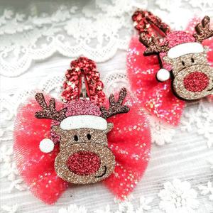 Nouveauté 2026 : Lot de 2 pinces à cheveux pour enfants en tissu pailleté motif dessin animé, faites à la main, motif cerf de Noël, accessoires pour cheveux de filles - Product Image 1