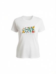 T-shirt da donna Love Peace And Earth in tinta unita, manica corta, girocollo, vestibilità comoda, 100% cotone, stampa floreale, stile casual - Product Image 1