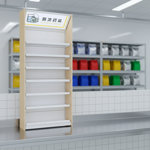 Étagère de supermarché pliable en acier robuste et bois, réglable, autoportante, simple face, pour pharmacie, sûre et non toxique pour les médicaments - Product Image 1