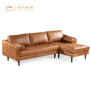 Sang Trọng Bọc Da L Hình Dạng Cắt Chesterfield Gỗ Sofa Đối Với Phòng Khách Phòng Chờ Phòng