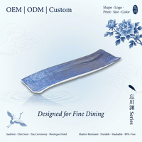 Assiette rectangulaire en mélamine 14 pouces avec logo personnalisé OEM ODM, motif givré indigo et taches, courbe en S, pour cantine scolaire et comptoir de cuisine