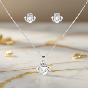 Cubic Zirconia Claddagh Necklace <b>Set</b> 925 Silver Gold Plated Women's <b>Fine</b> <b>Jewelry</b> Wedding Classic Heart Cut Bezel Setting - Product Image 2