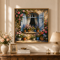 Kit de Peinture par Numéros DIY A-173 : Fenêtre Fleurie sur Toile – Décoration Murale pour Adultes, Style Campagne Française