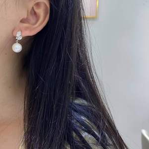 wholesale fine Jewelry S925 <b>Silver</b> Leaf Zircon Freshwater Pearl Dangle <b>Earrings</b>, 10-11mm Round White Pearl <b>Drop</b> <b>Earrings</b> - Product Image 6