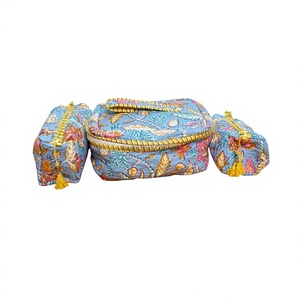 Handmade Block Printed Quilted Cotton Vanity Bag Set Of 3 Pieces Women's Travel Cosmetic Pouch Storage Cosmetic Bags And <b>Case</b> - Product Image 1