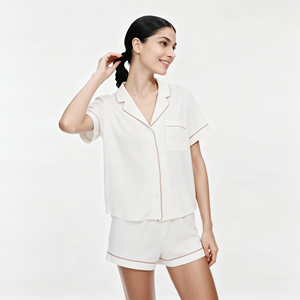Custom Summer Short Sleeve Solid White Color Modal Pyjamas Cotton Sleepwear with Piping Bamboo Pajamas Set for Women - Product Image 2