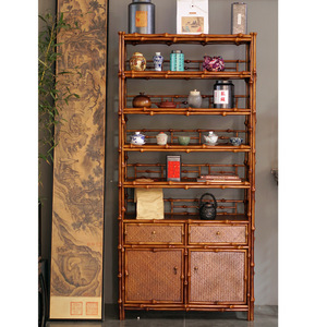 Étagère à livres en bambou laqué, support de rangement à plusieurs niveaux pour thé, bibliothèque sur pied de style chinois, grande bibliothèque design Ming Qing - Product Image 1