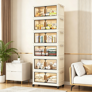 Armoire de rangement pliable en plastique PP en gros, organisateur empilable avec porte transparente et roulettes 57,5 cm - Product Image 3
