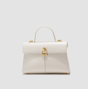 White Patent Leather Modern Water Resistant Structured Flap Handbag with Gold Tone <b>Lock</b> Handle for Daily Commute - Product Image 1